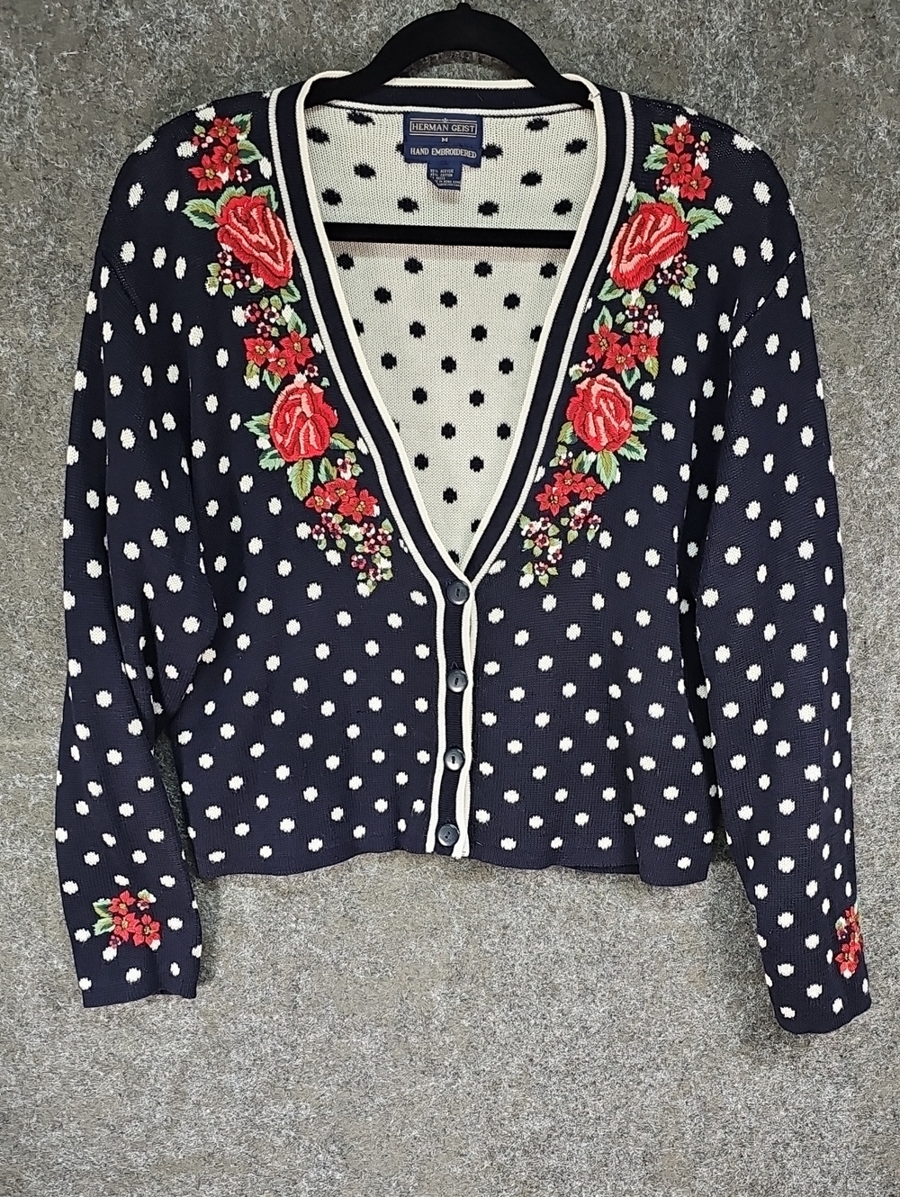 Vtg Herman Geist Cropped Floral & Polka Dot Cardigan, Navy Red White, Size M